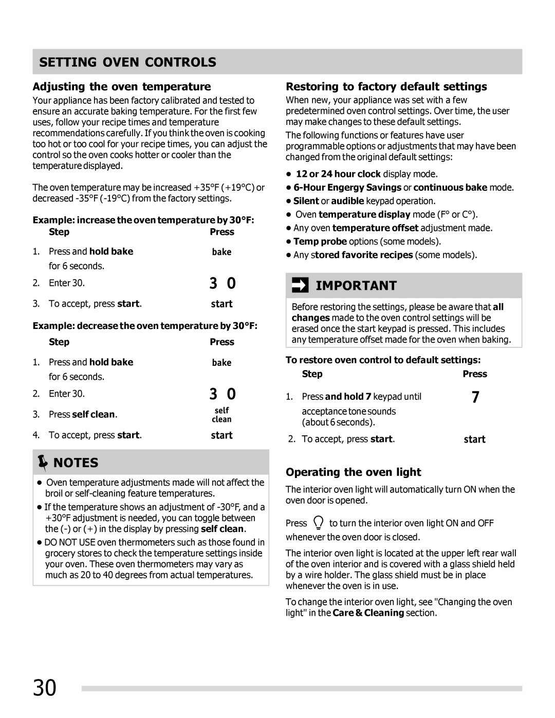 Frigidaire FPEF3081MF Adjusting the oven temperature, Restoring to factory default settings, Operating the oven light 