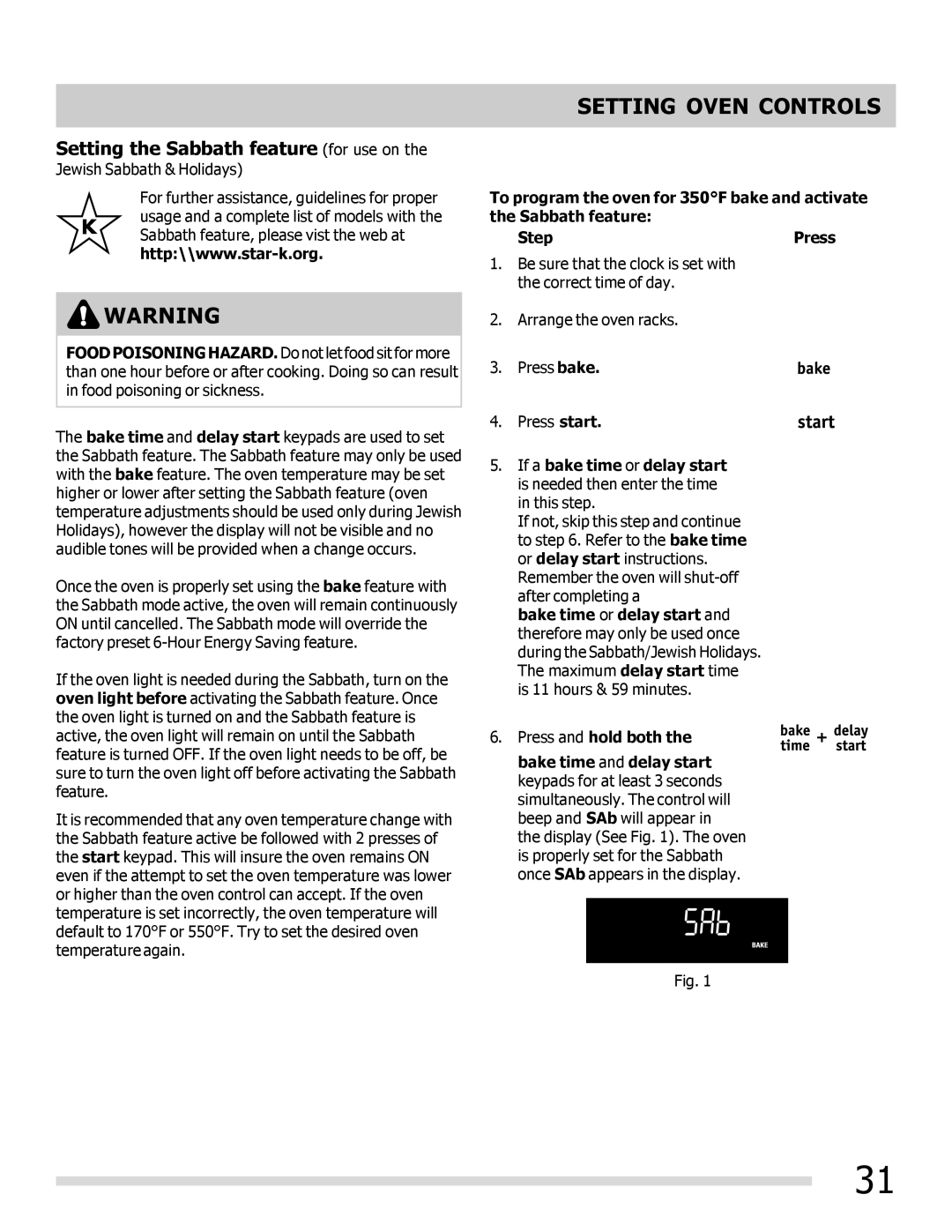 Frigidaire FPEF3081MF important safety instructions Setting the Sabbath feature for use on 