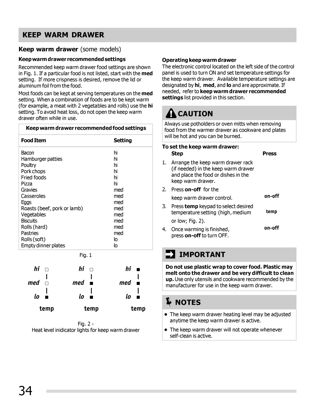 Frigidaire FPEF3081MF Keep warm drawer recommended settings, Keep warm drawer recommended food settings FoodItem Setting 