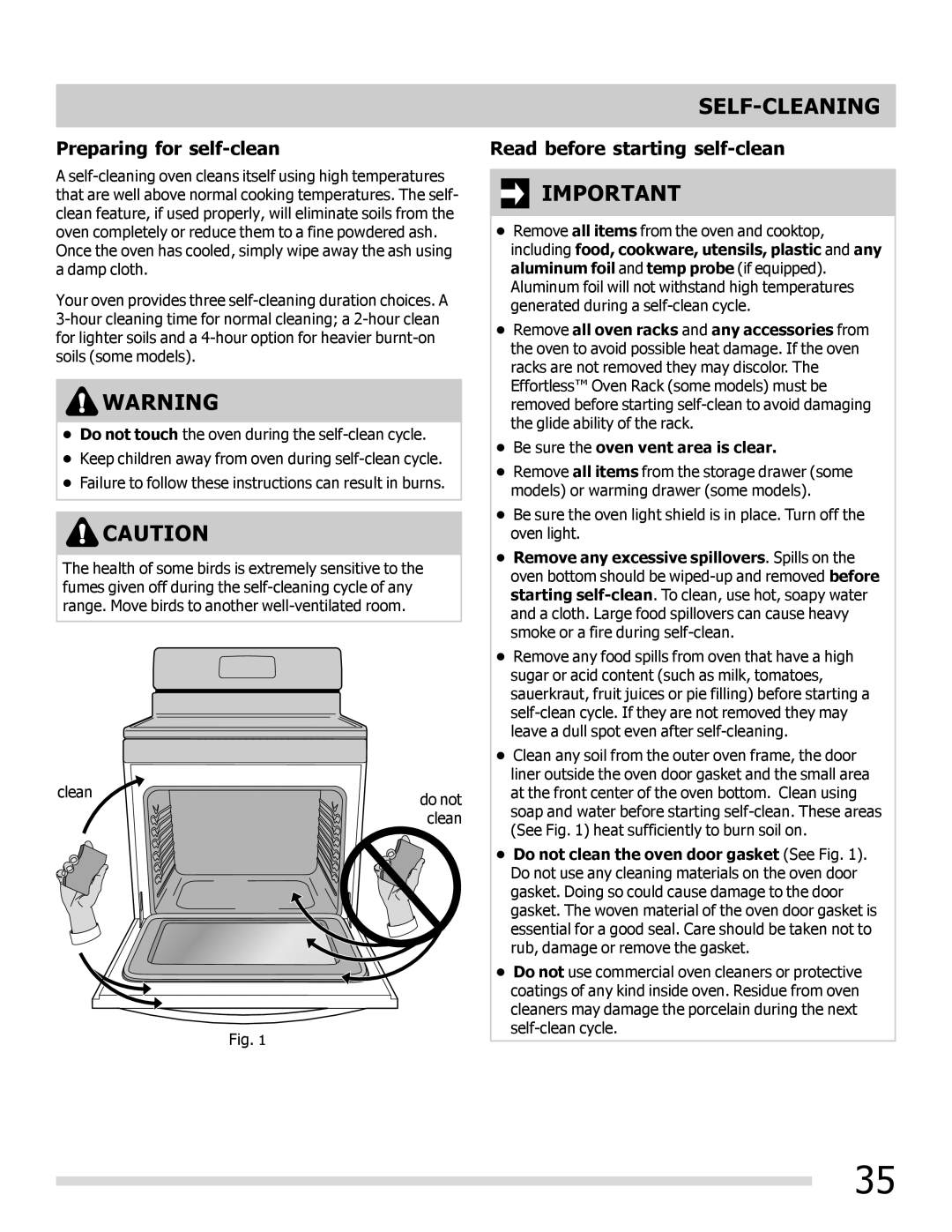 Frigidaire FPEF3081MF Self-Cleaning, Preparing for self-clean, Read before starting self-clean 