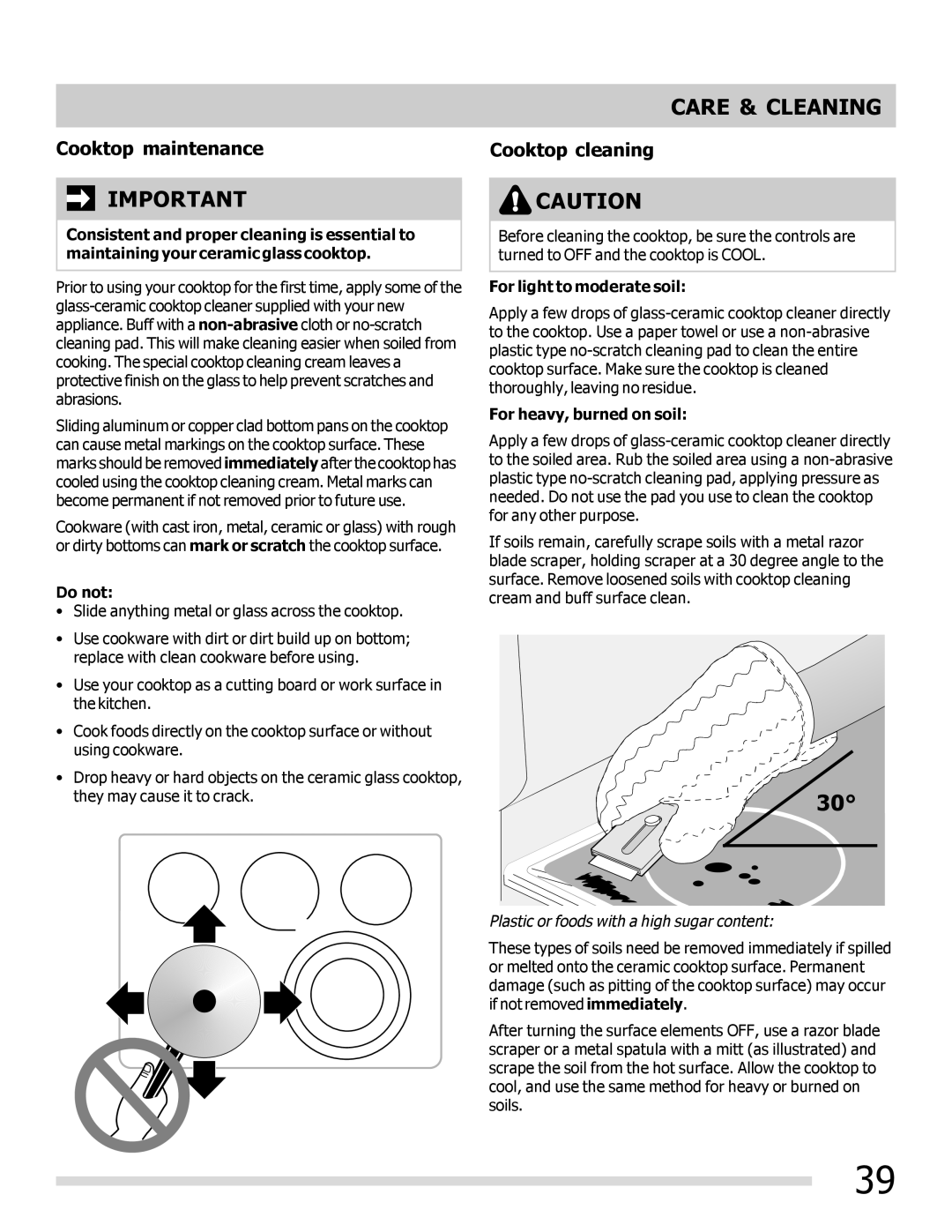 Frigidaire FPEF3081MF Cooktop maintenance, Cooktop cleaning, Do not, For light to moderate soil, For heavy, burned on soil 