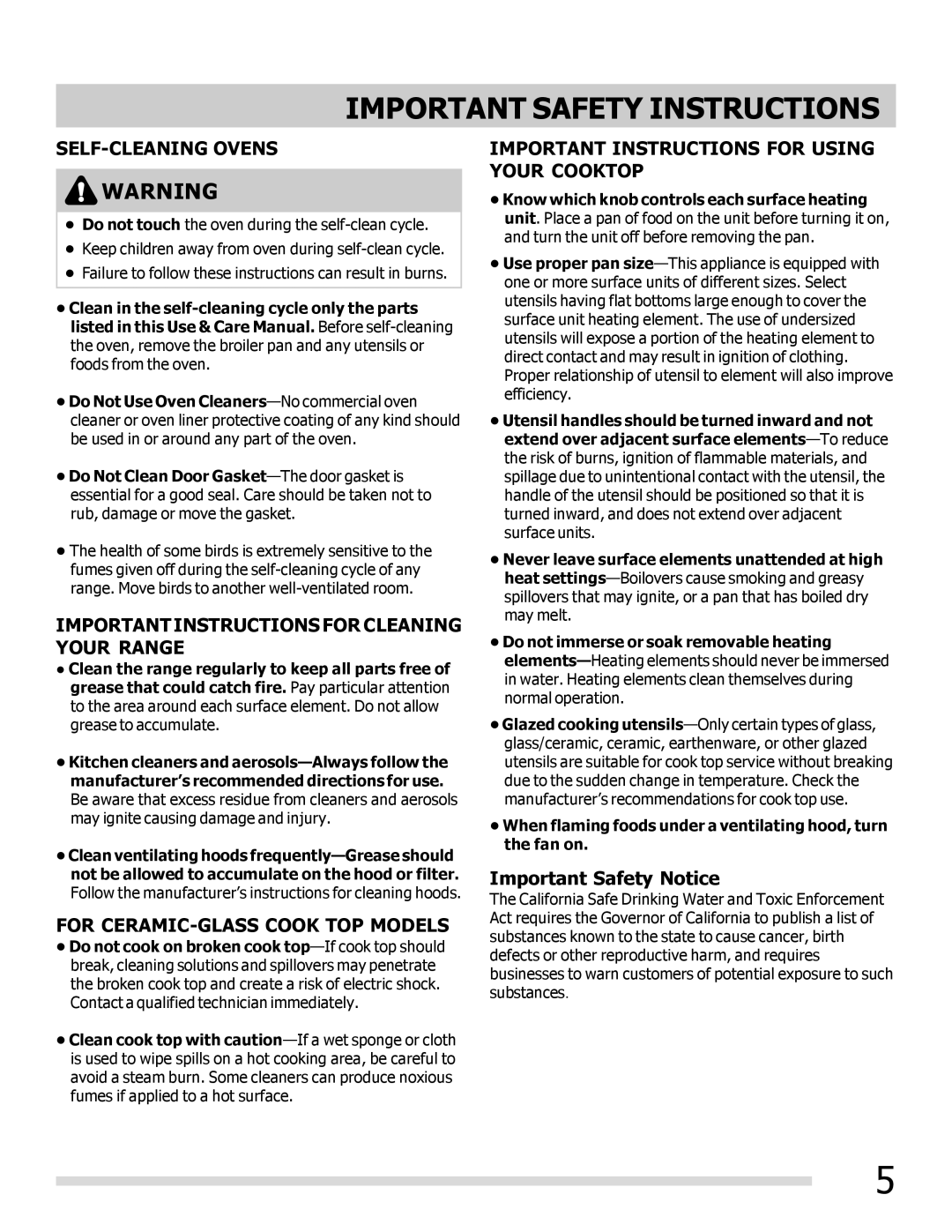 Frigidaire FPEF3081MF Important Safety Notice, When flaming foods under a ventilating hood, turn the fan on 