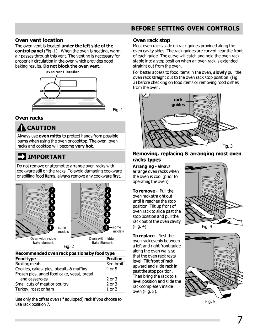 Frigidaire FPEF3081MF Before Setting Oven Controls, Oven vent location, Oven racks, Oven rack stop 