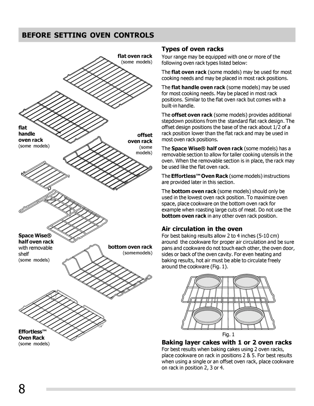 Frigidaire FPEF3081MF Types of oven racks, Air circulation in the oven, Baking layer cakes with 1 or 2 oven racks 