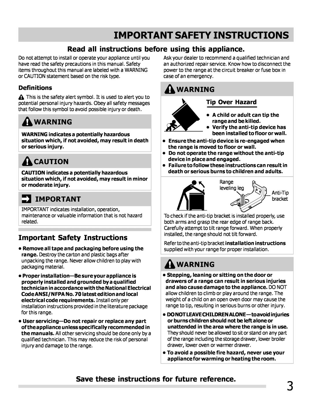 Frigidaire FPEF3081MF Important Safety Instructions, Read all instructions before using this appliance, Definitions 