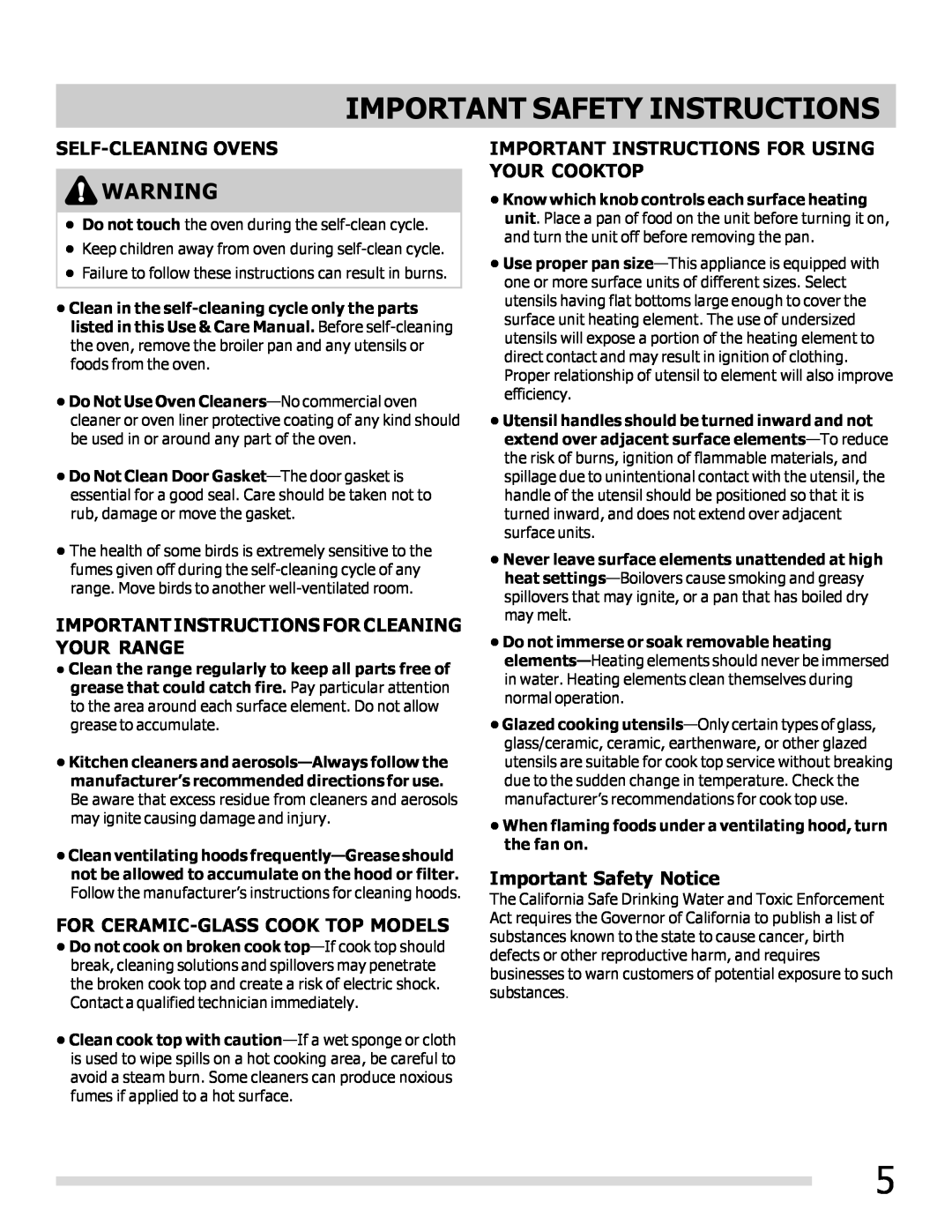 Frigidaire FPEF3081MF Self-Cleaning Ovens, Important Instructions For Cleaning Your Range, Important Safety Notice 