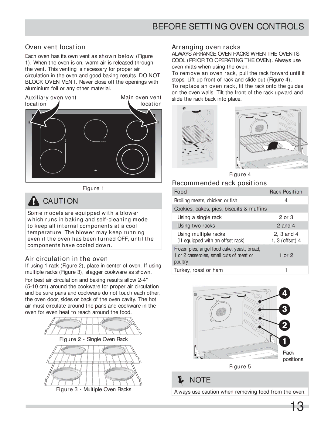 Frigidaire FPEF4085KF Before Setting Oven Controls, Oven vent location, Air circulation in the oven, Arranging oven racks 