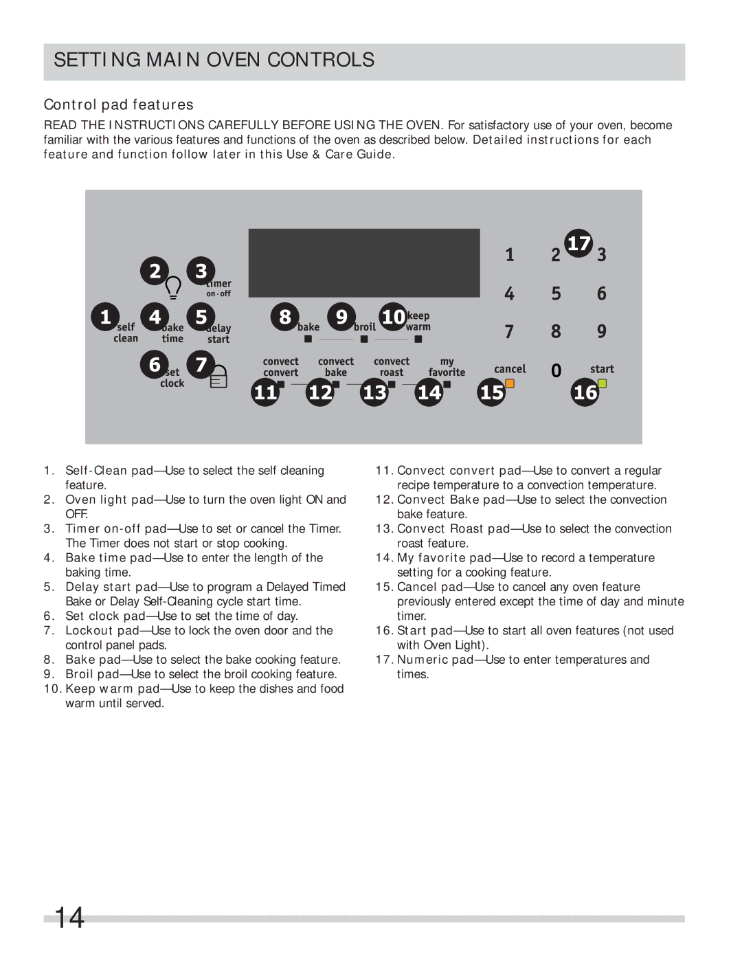 Frigidaire FPEF4085KF important safety instructions Setting Main Oven Controls, Control pad features 