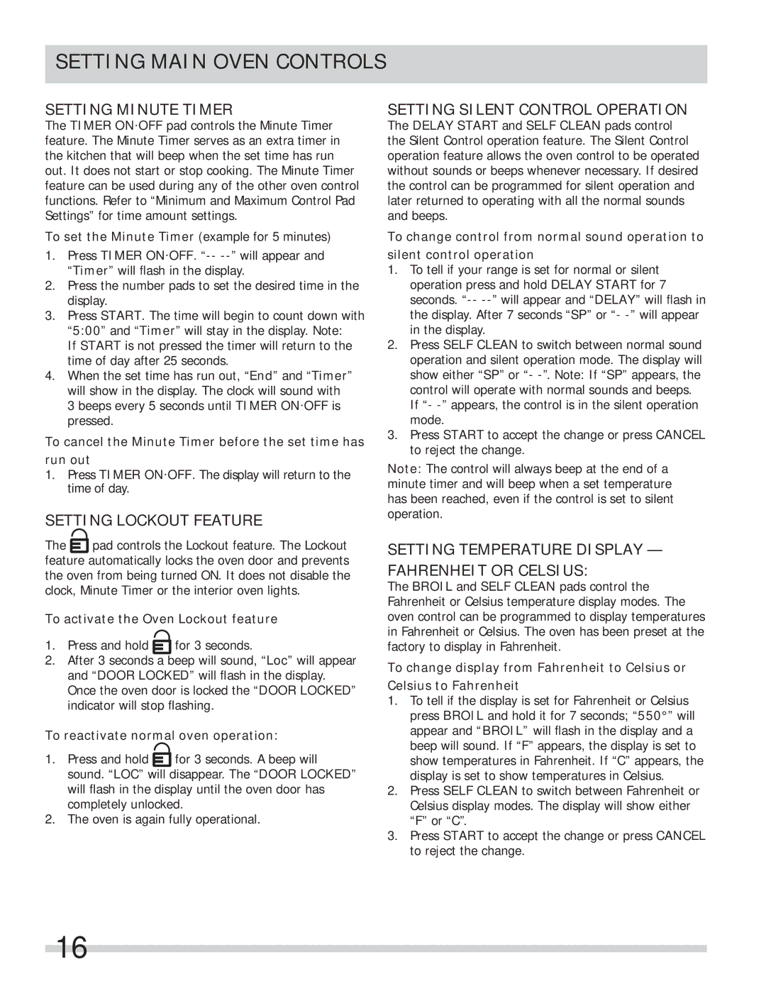 Frigidaire FPEF4085KF Setting Minute Timer, Setting Lockout Feature, Setting Silent Control Operation 