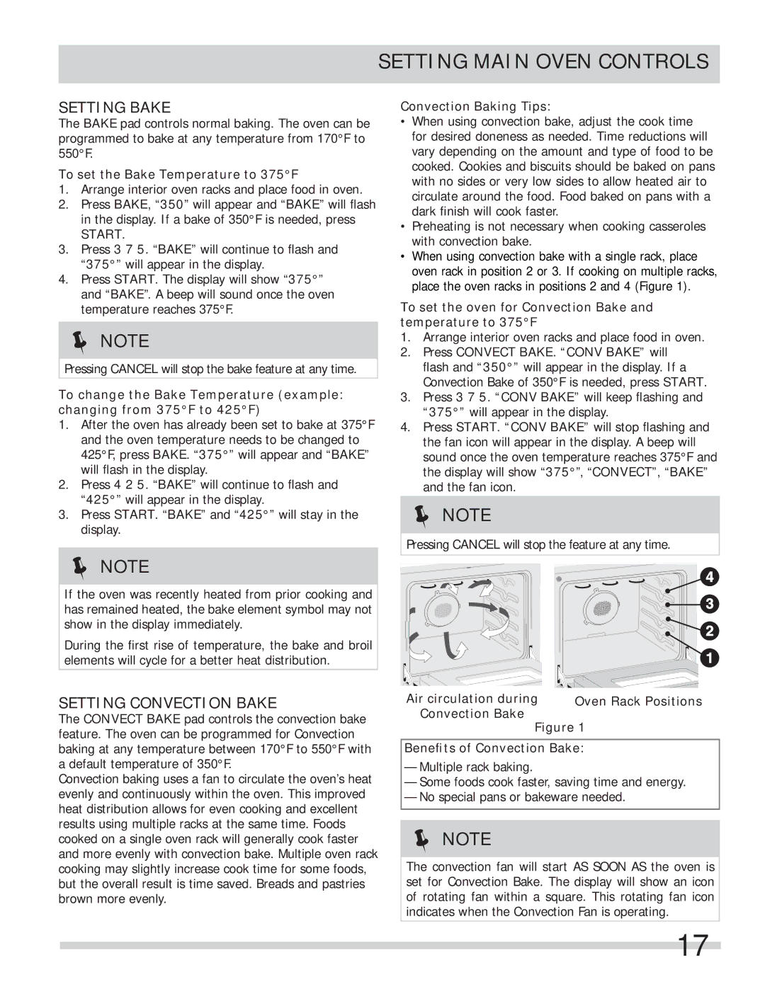 Frigidaire FPEF4085KF important safety instructions Setting Bake, Setting Convection Bake, Start 