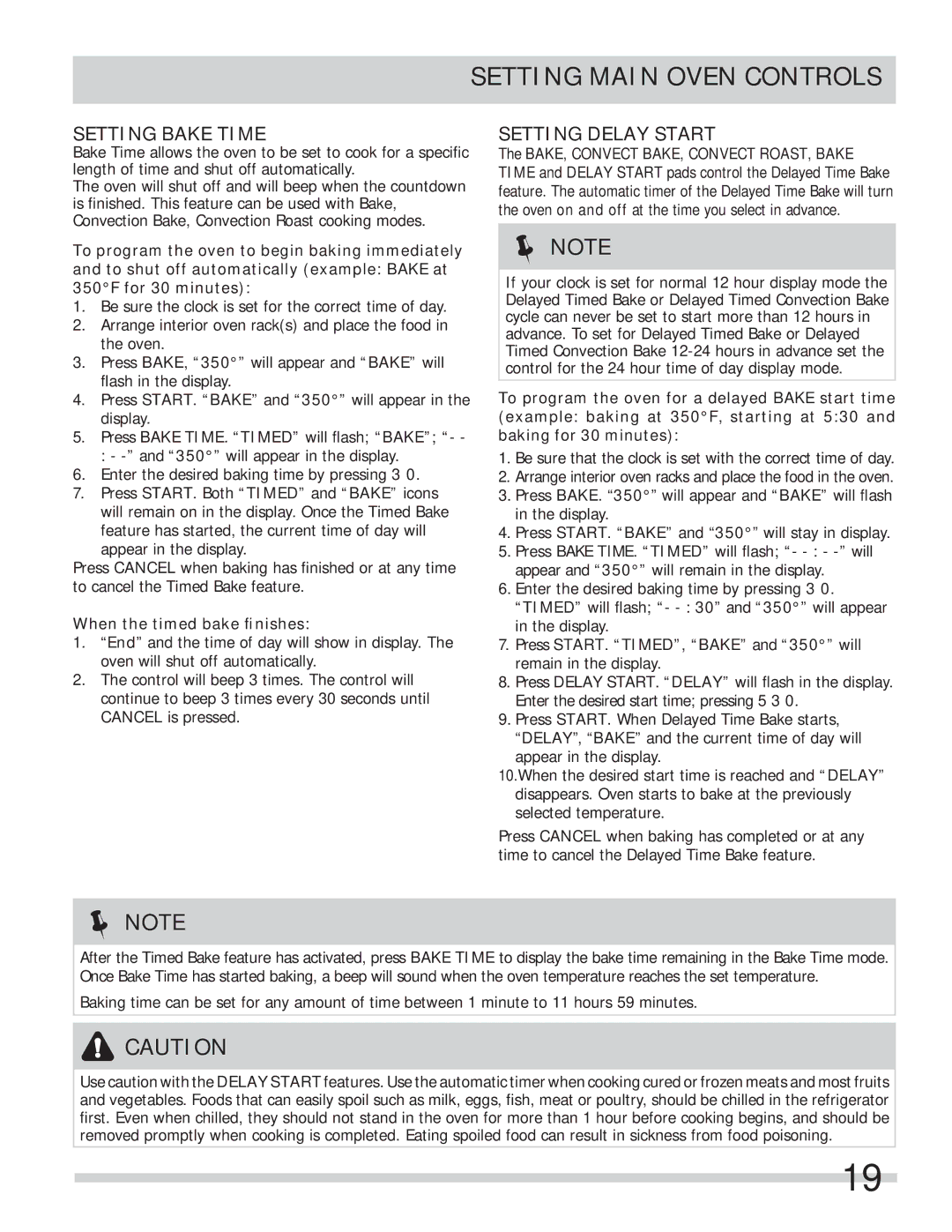 Frigidaire FPEF4085KF important safety instructions Setting Bake Time, Setting Delay Start, When the timed bake ﬁnishes 