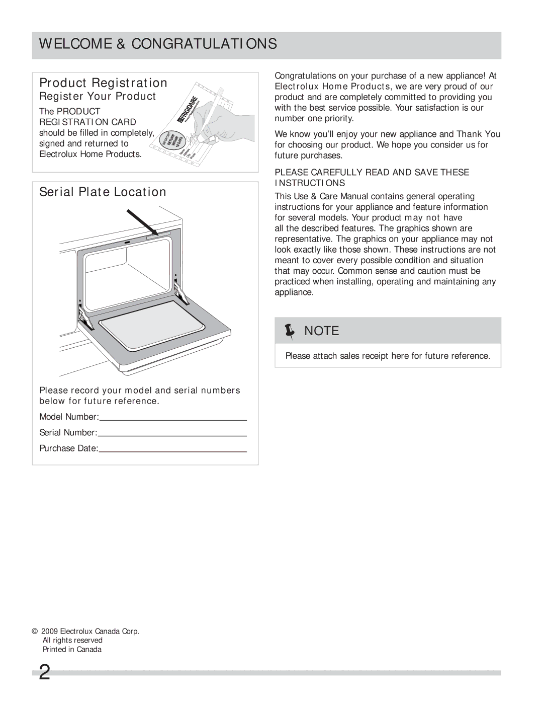 Frigidaire FPEF4085KF Welcome & Congratulations, Register Your Product, Please Carefully Read and Save These Instructions 