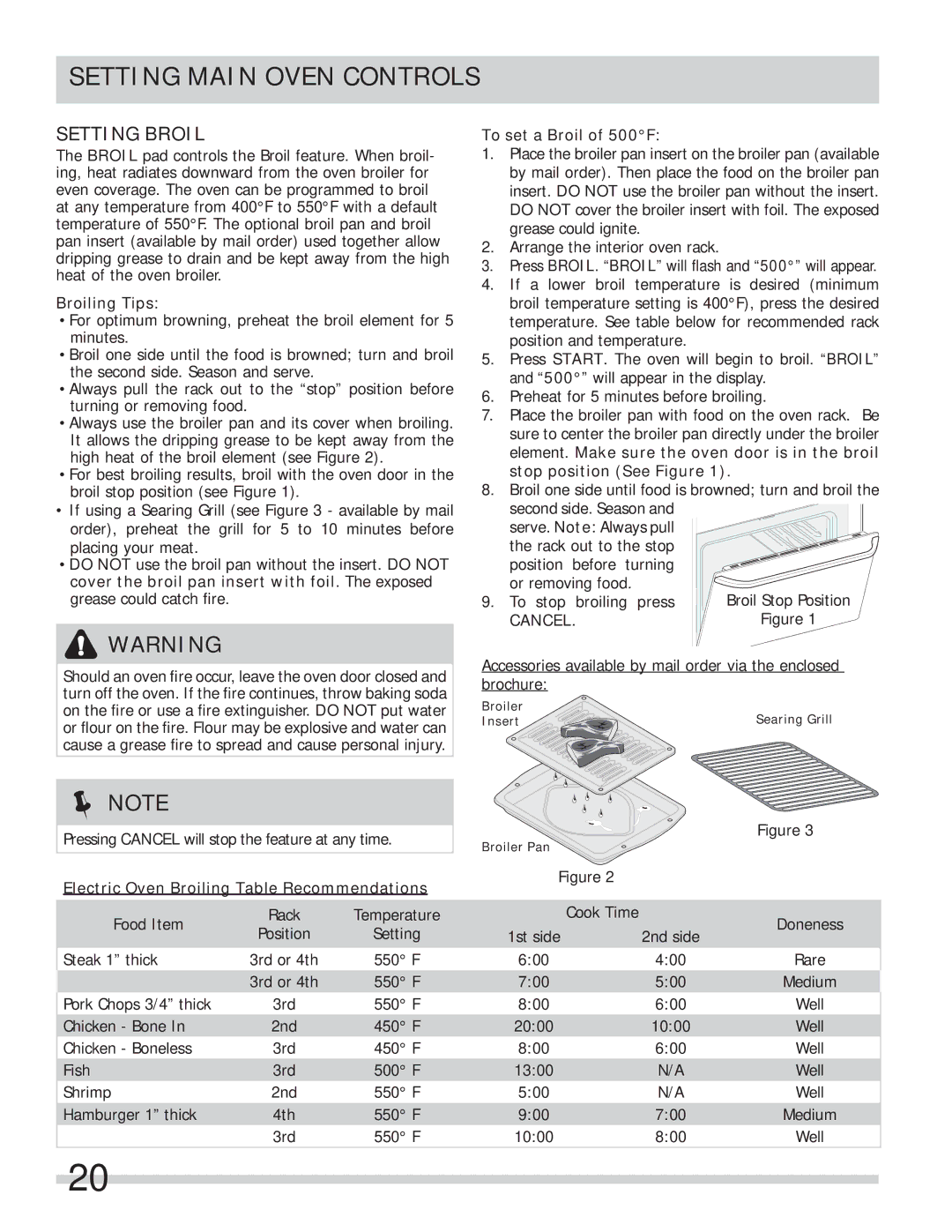 Frigidaire FPEF4085KF Setting Broil, Broiling Tips, Electric Oven Broiling Table Recommendations, To set a Broil of 500F 