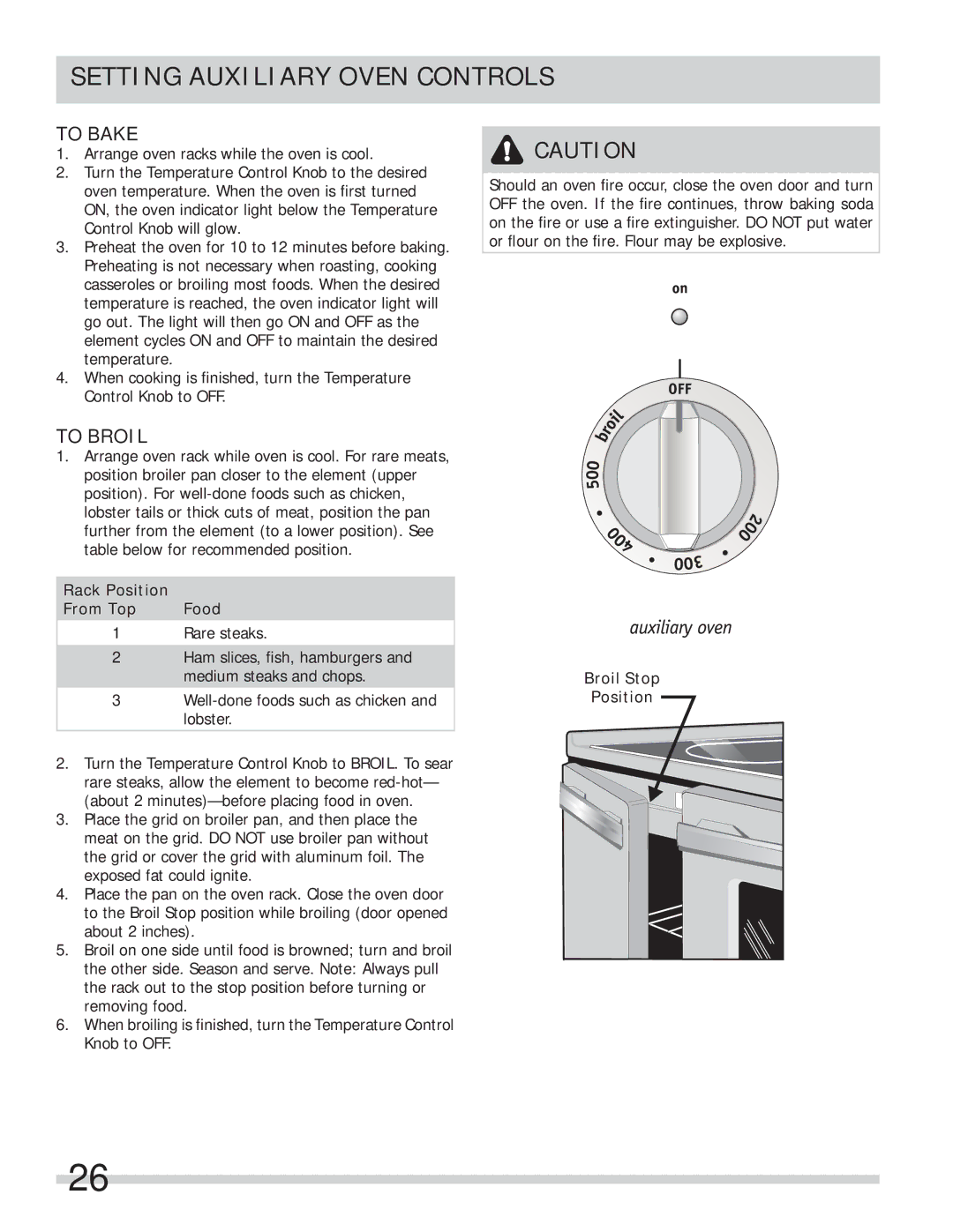 Frigidaire FPEF4085KF Setting Auxiliary Oven Controls, To Bake, To Broil, Rack Position From Top Food, Broil Stop Position 