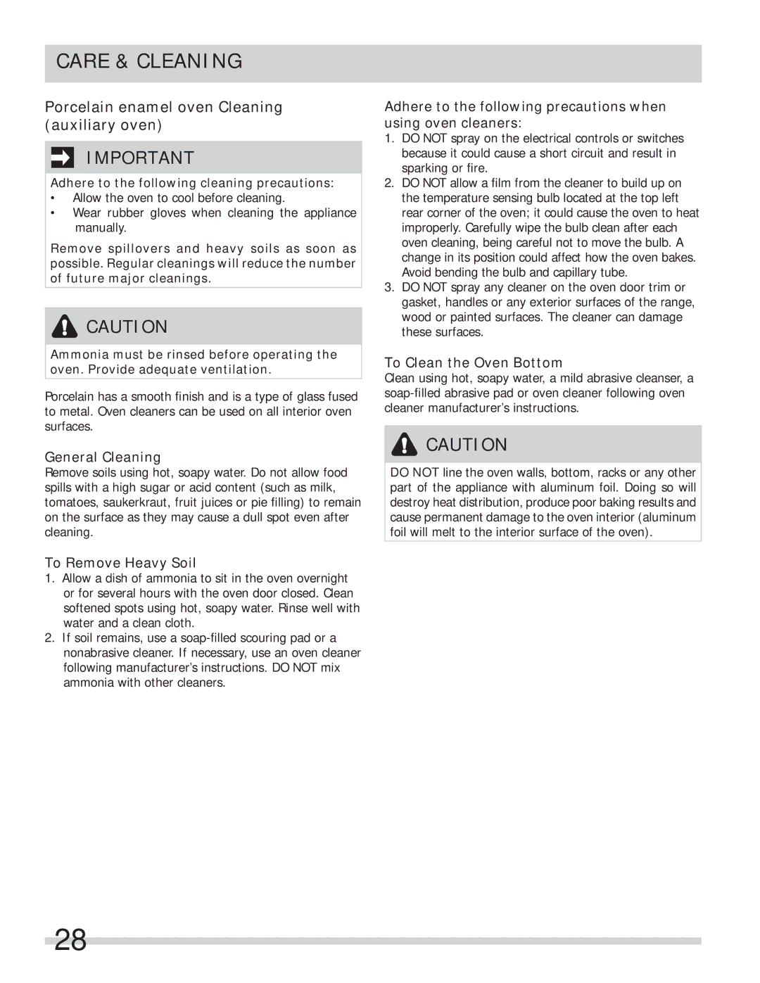 Frigidaire FPEF4085KF important safety instructions Care & Cleaning, Porcelain enamel oven Cleaning auxiliary oven 