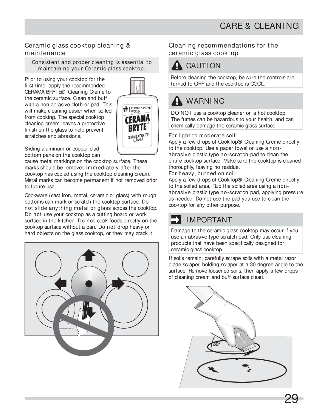 Frigidaire FPEF4085KF Ceramic glass cooktop cleaning & maintenance, Cleaning recommendations for the ceramic glass cooktop 