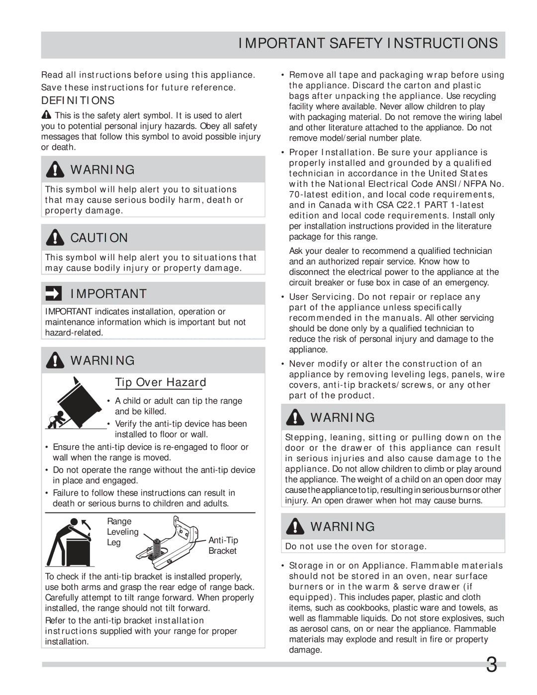 Frigidaire FPEF4085KF important safety instructions Important Safety Instructions, Definitions 