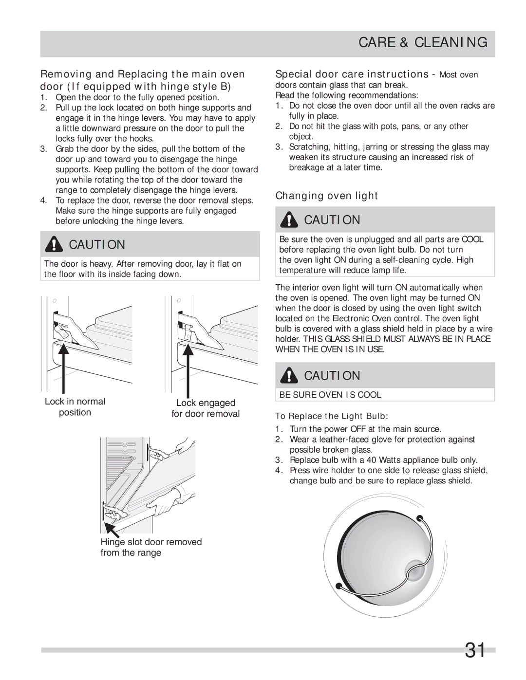 Frigidaire FPEF4085KF important safety instructions Changing oven light, Be Sure Oven is Cool, To Replace the Light Bulb 