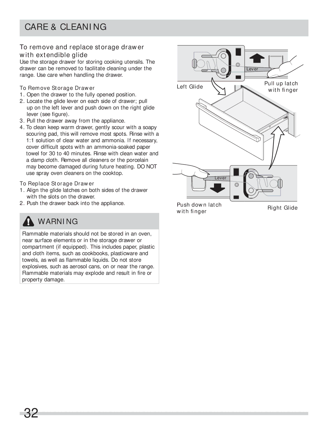 Frigidaire FPEF4085KF important safety instructions To remove and replace storage drawer with extendible glide 