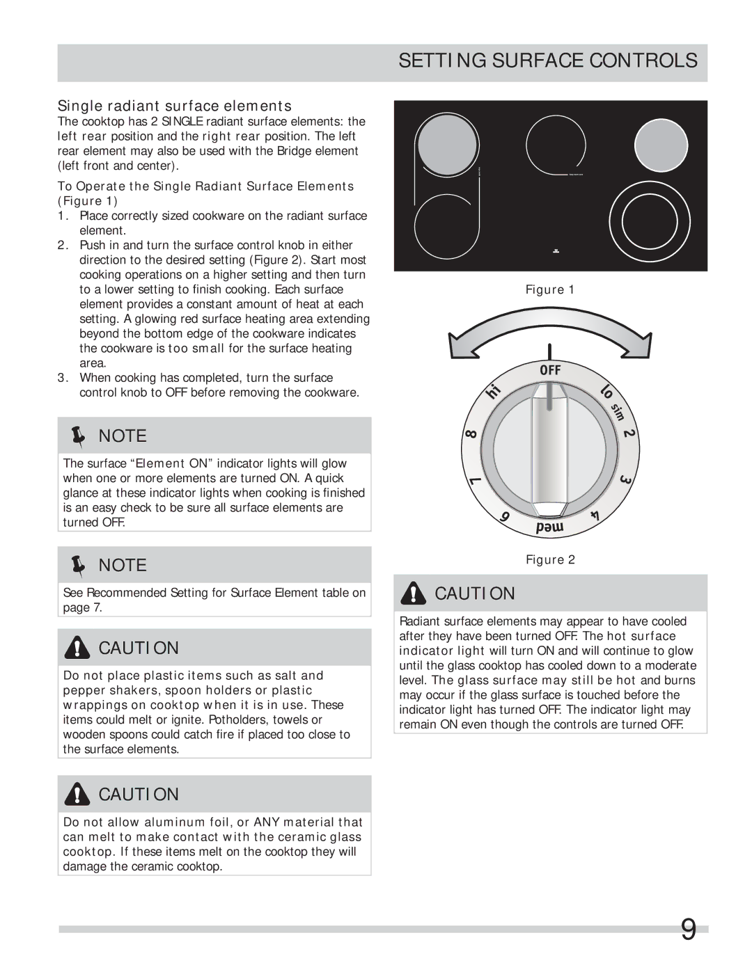 Frigidaire FPEF4085KF important safety instructions Setting Surface Controls, Single radiant surface elements 