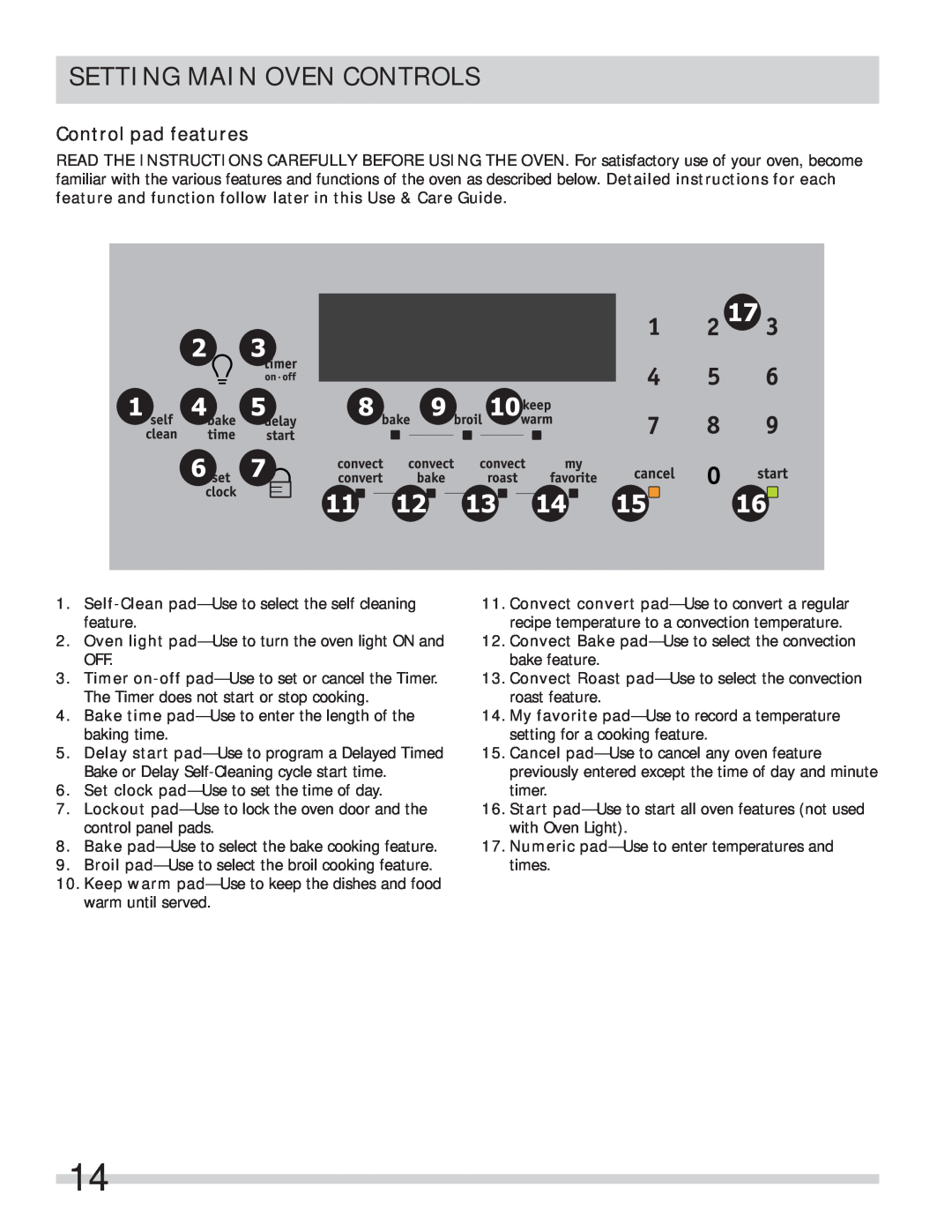 Frigidaire FPEF4085KF important safety instructions Setting Main Oven Controls, Control pad features 