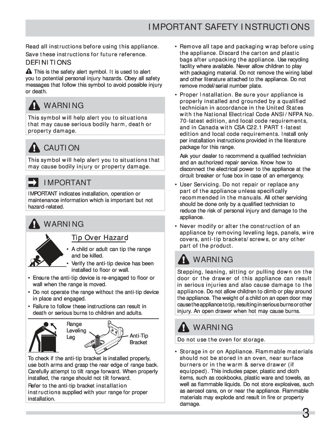 Frigidaire FPEF4085KF important safety instructions Important Safety Instructions, Definitions, Tip Over Hazard 