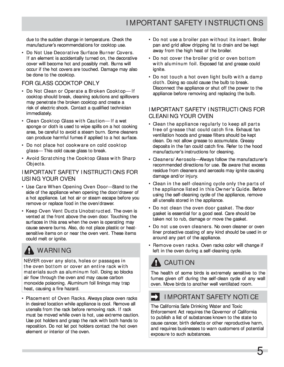 Frigidaire FPEF4085KF Important Safety Notice, For Glass Cooktop Only, Important Safety Instructions For Using Your Oven 