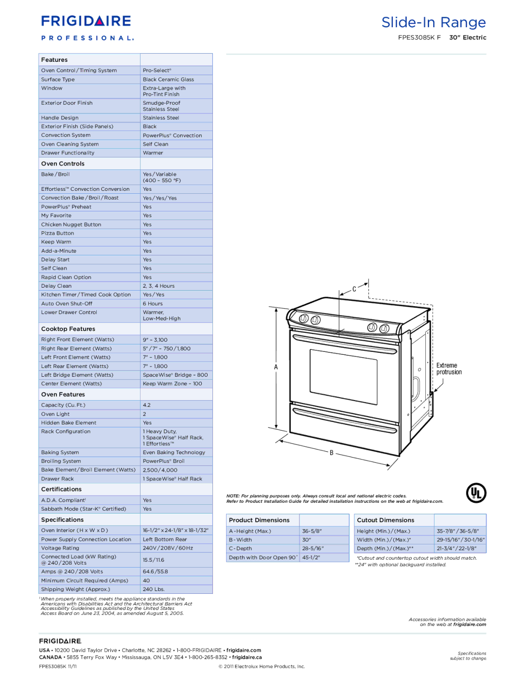 Frigidaire FPES3085K F dimensions Extreme 