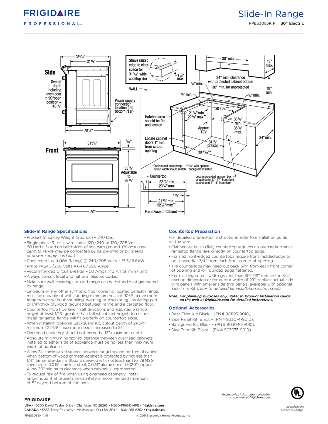 Frigidaire FPES3085K F dimensions Slide-In Range Specifications, Countertop Preparation, Optional Accessories 