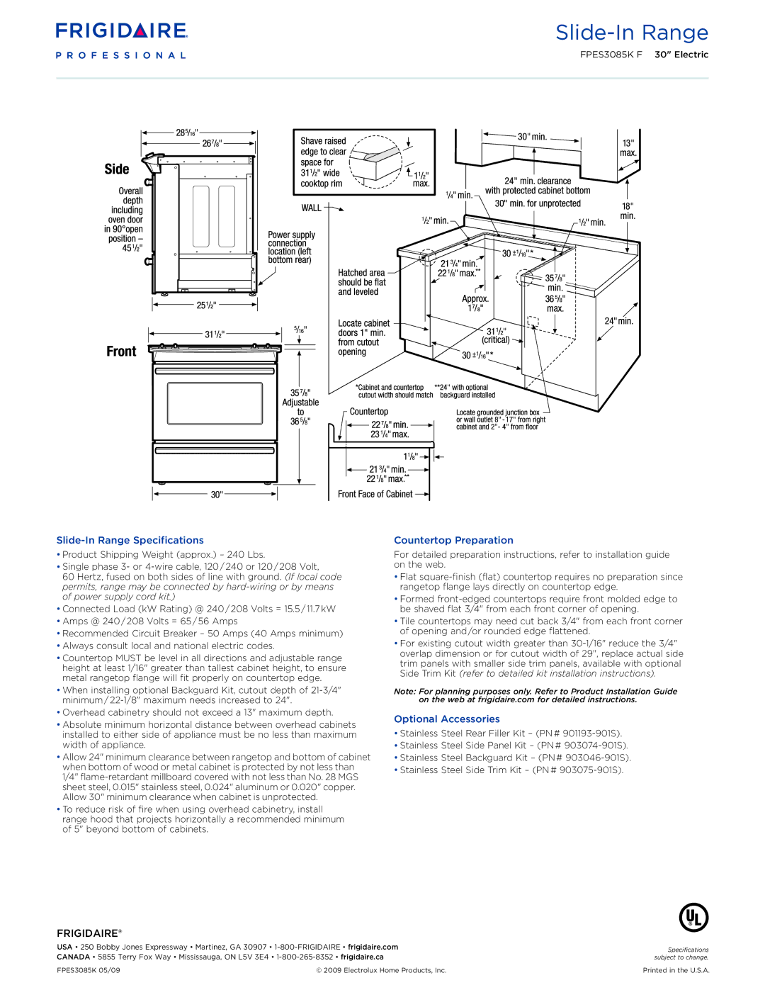 Frigidaire FPES3085K F dimensions Slide-In Range Specifications, Countertop Preparation, Optional Accessories 