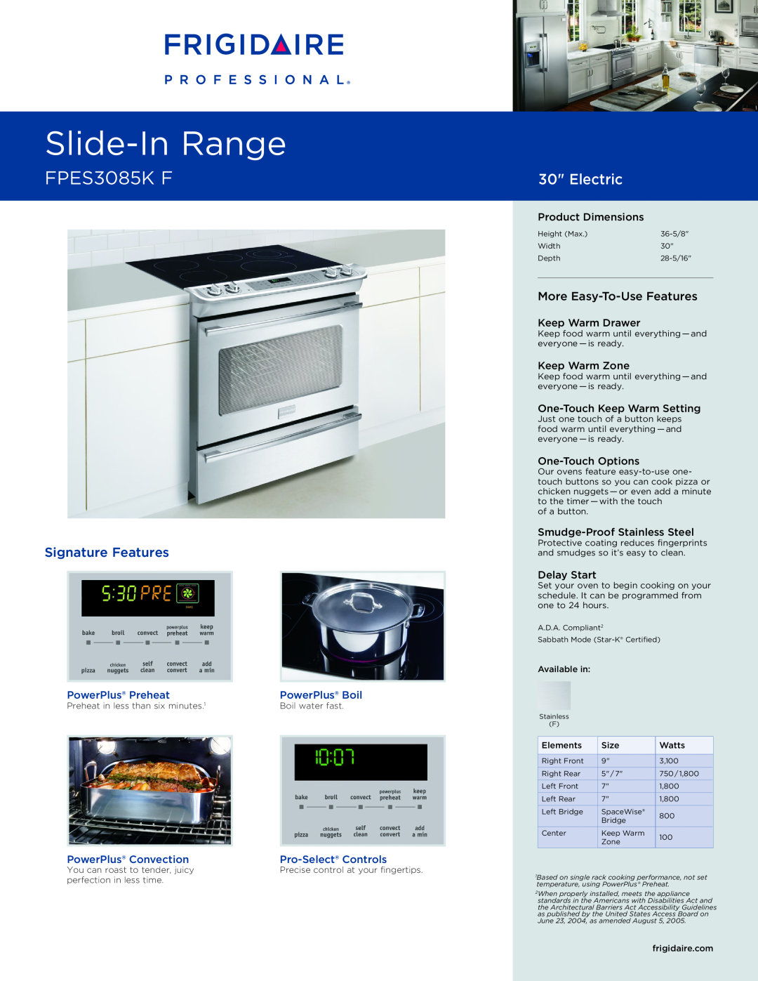 Frigidaire FPES3085K F dimensions Product Dimensions, Keep Warm Drawer, Keep Warm Zone, One-Touch Keep Warm Setting 