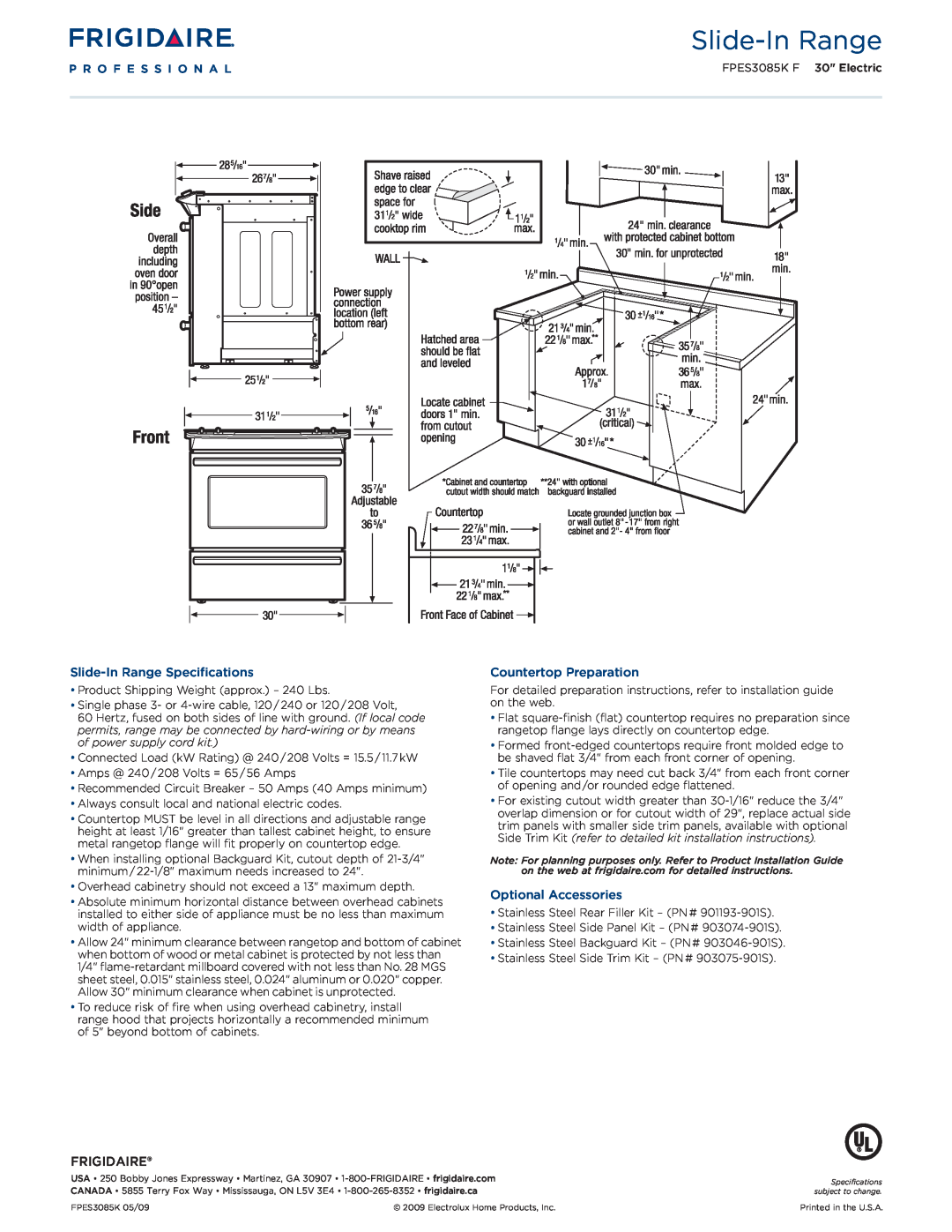 Frigidaire FPES3085K F dimensions Slide-InRange Specifications, Countertop Preparation, Optional Accessories, Frigidaire 