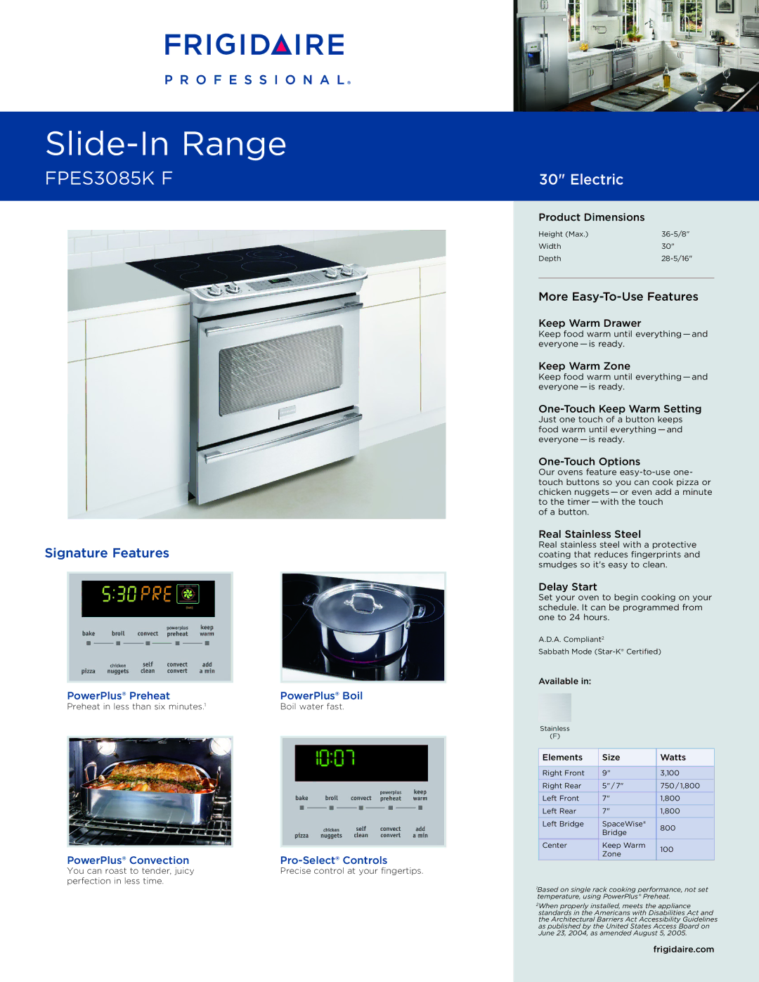 Frigidaire FPES3085KF dimensions Product Dimensions, Keep Warm Drawer, Keep Warm Zone, One-Touch Keep Warm Setting 