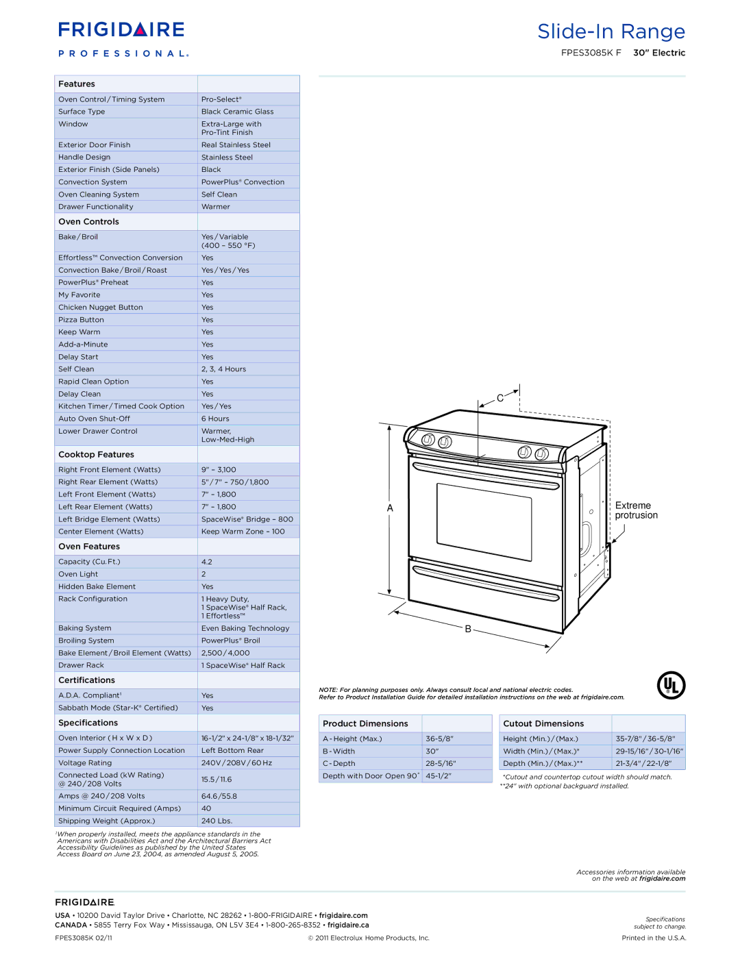 Frigidaire FPES3085KF dimensions Extreme 