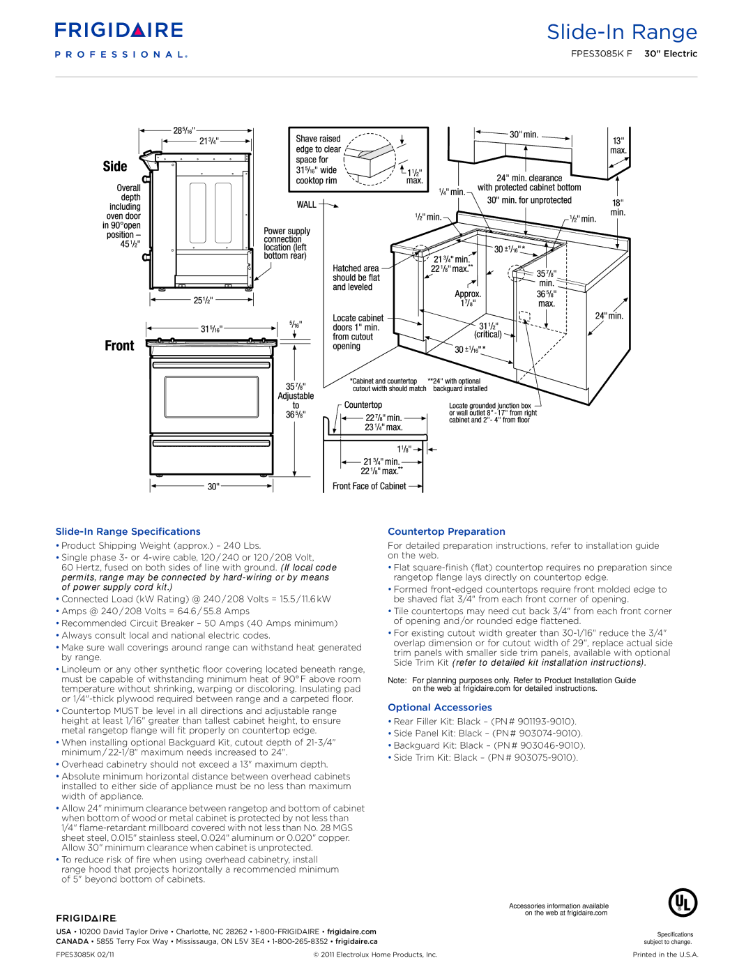 Frigidaire FPES3085KF dimensions Slide-In Range Specifications 