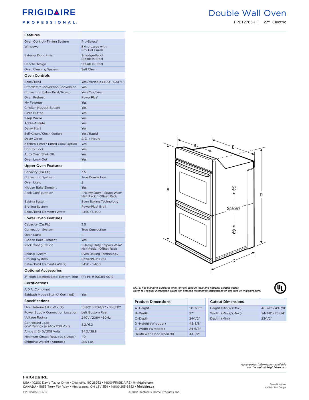 Frigidaire FPET2785K F Oven Controls, Upper Oven Features, Lower Oven Features, Optional Accessories, Certifications 