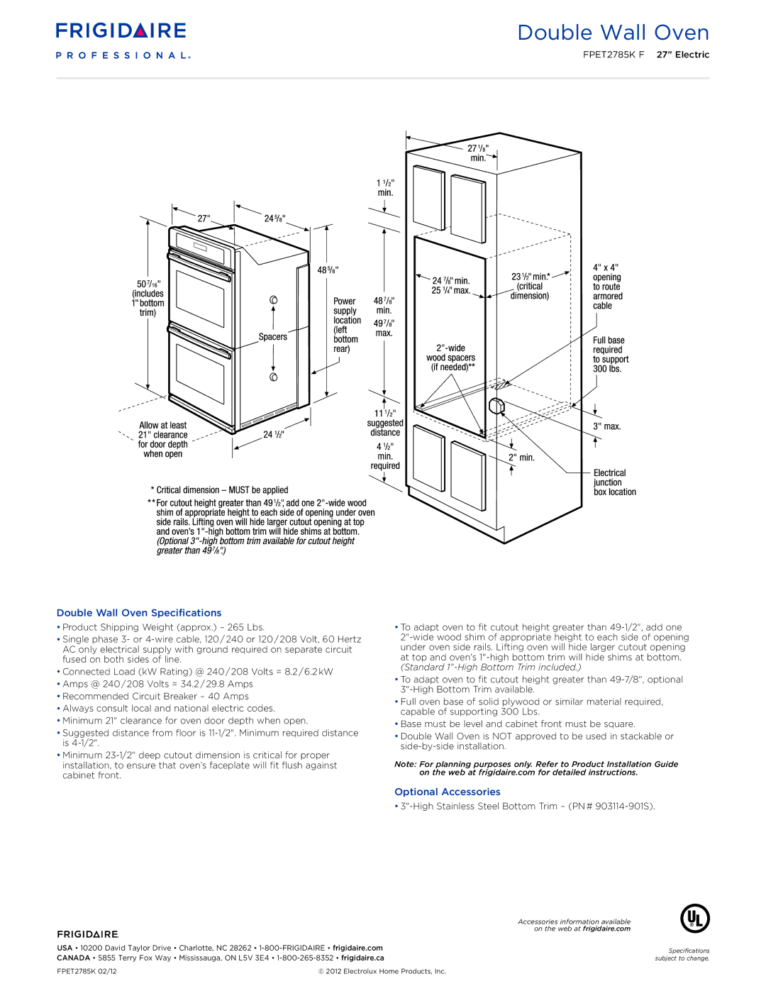 Frigidaire FPET2785K F dimensions Double Wall Oven Specifications, Optional Accessories 