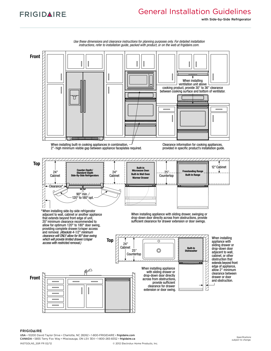 Frigidaire FPET2785K F dimensions General Installation Guidelines, Top Front 
