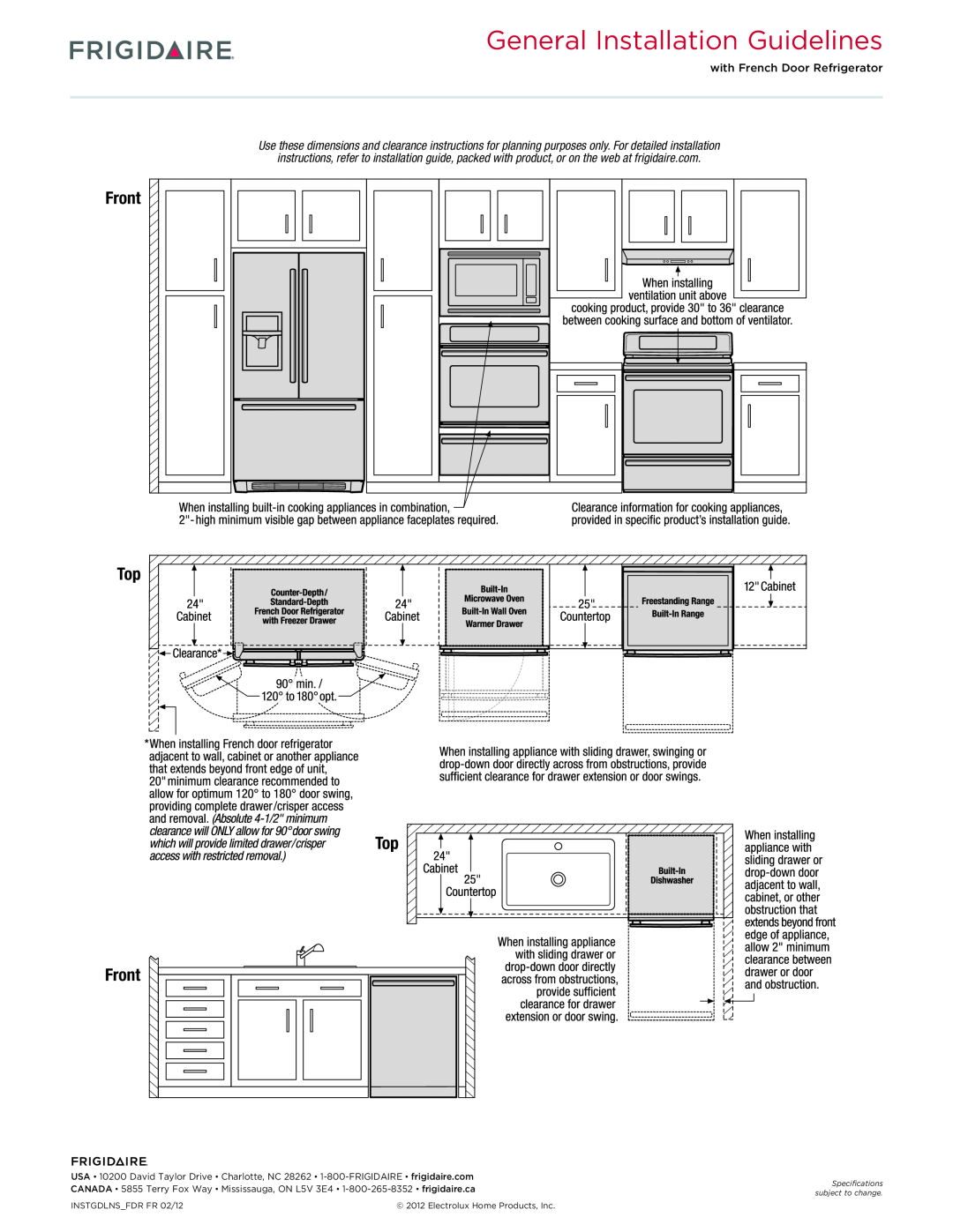 Frigidaire FPET2785K F dimensions Front Top Top Front, General Installation Guidelines, with French Door Refrigerator 