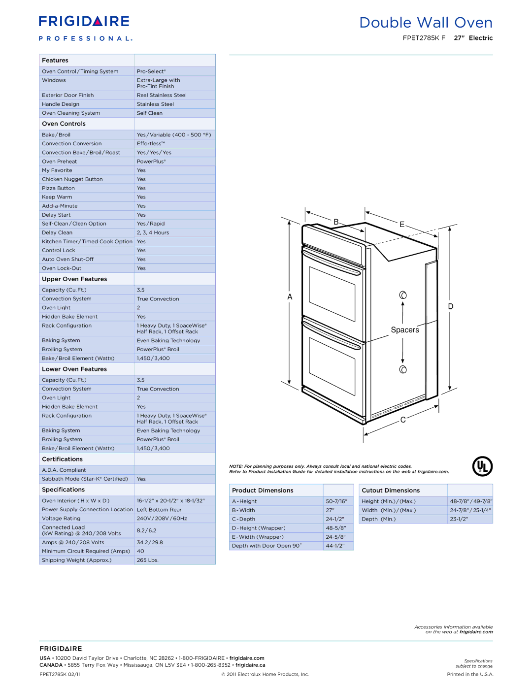 Frigidaire FPET2785KF Oven Controls, Upper Oven Features, Lower Oven Features, Certifications, Specifications 