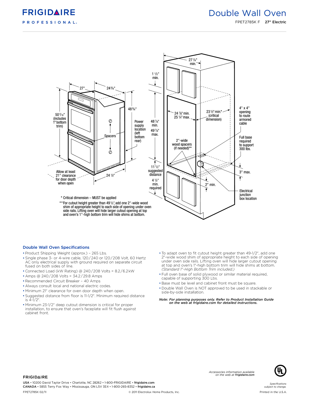 Frigidaire FPET2785KF dimensions Double Wall Oven Specifications 