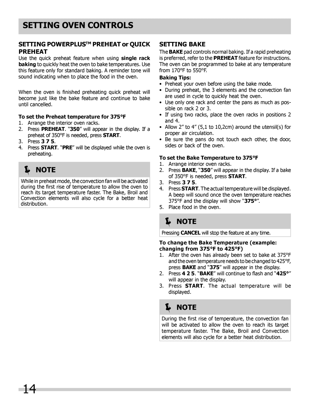 Frigidaire FGET2745KW Setting Powerplustm Preheat or Quick Preheat, Setting Bake, To set the Preheat temperature for 375F 