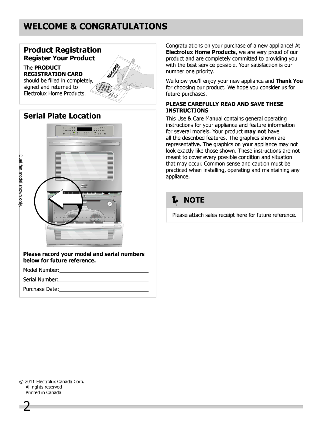 Frigidaire FFET3025LW Welcome & Congratulations, Register Your Product, Please Carefully Read and Save These Instructions 