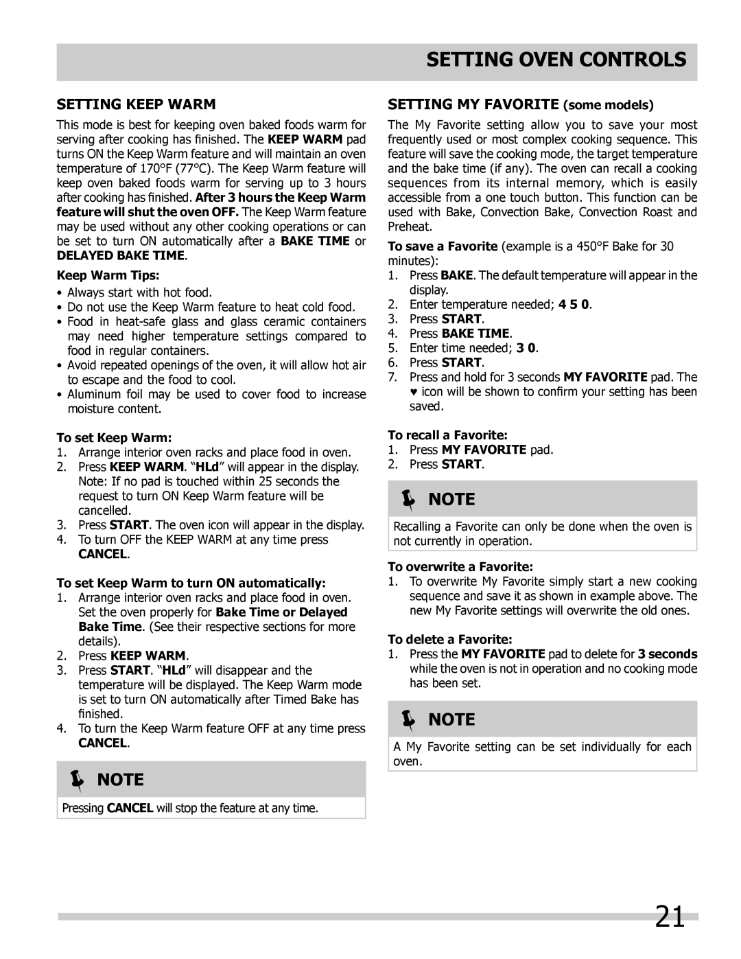 Frigidaire FGET3065KW, FPET3085KF, FPET2785KF manual Setting Keep Warm, Setting MY Favorite some models, Delayed Bake Time 