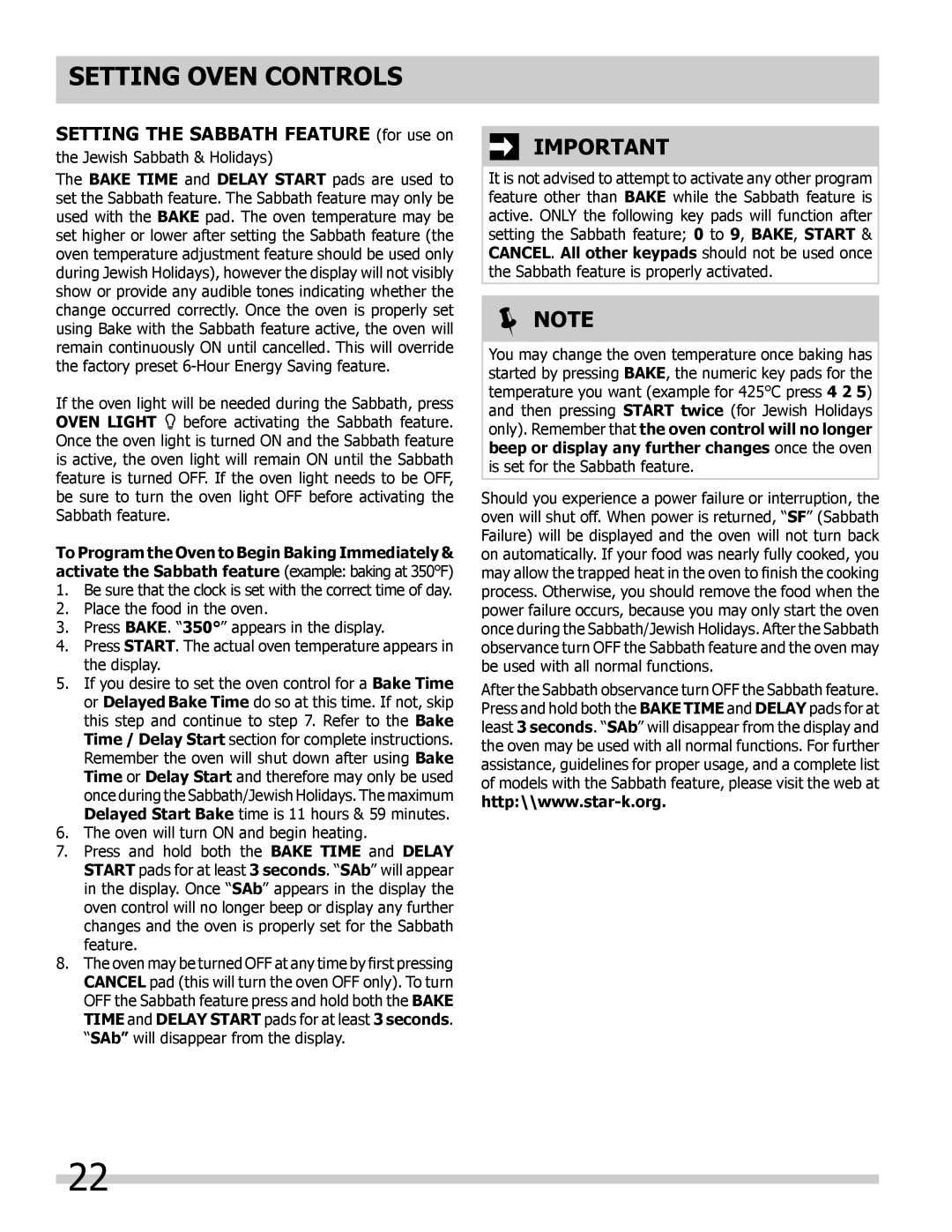 Frigidaire FGET2745KB, FPET3085KF, FPET2785KF, FFET3025LW, FFET3025LB, FGET3065KB manual Setting the Sabbath Feature for use on 