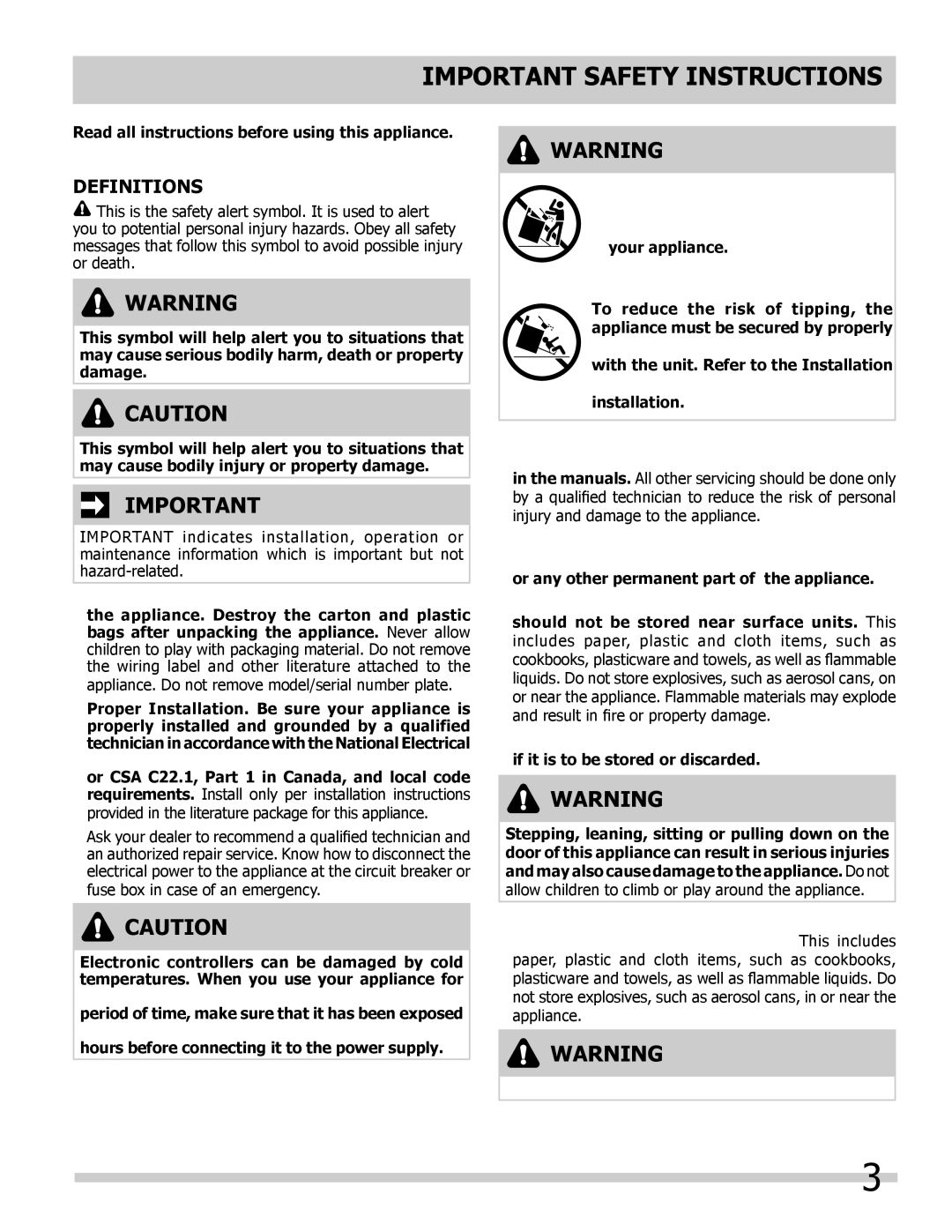 Frigidaire FFET3025LB, FPET3085KF, FPET2785KF, FFET3025LW, FGET3065KB, FGET3065KW Important Safety Instructions, Definitions 