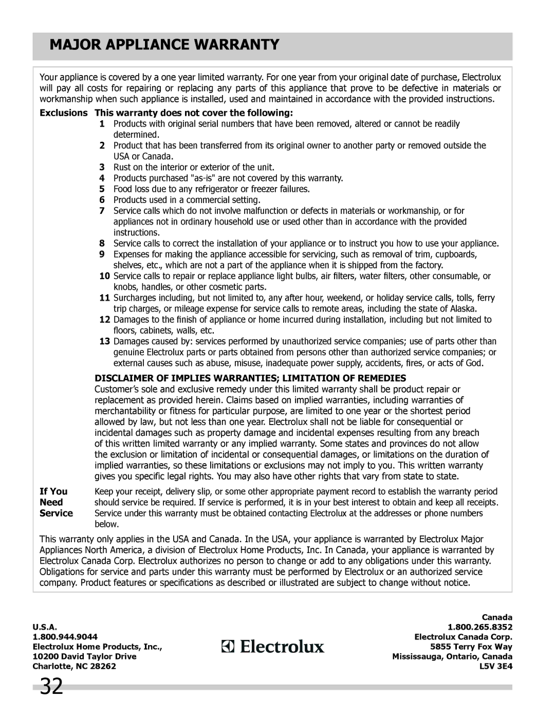 Frigidaire FPET3085KF, FPET2785KF manual Major Appliance Warranty, Exclusions This warranty does not cover the following 