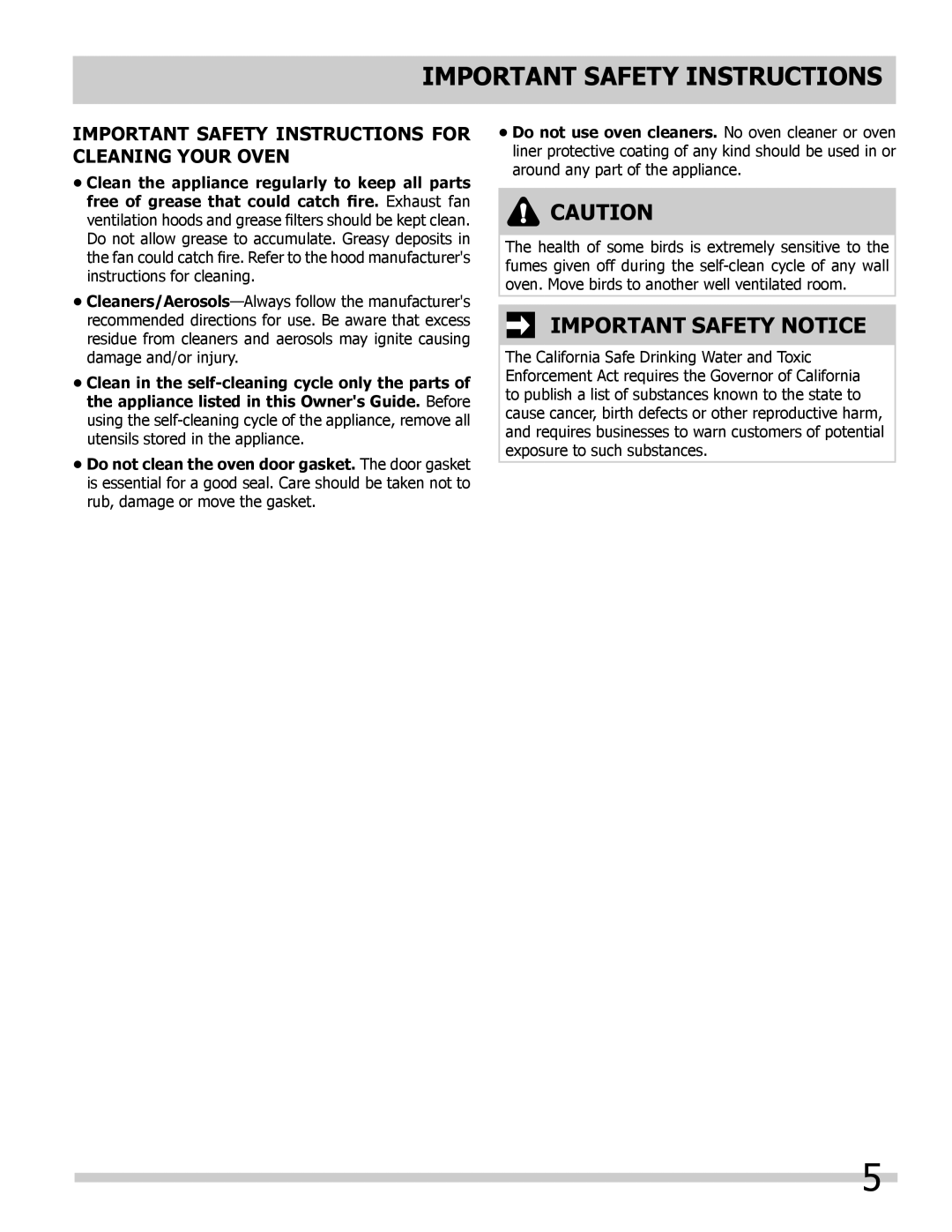 Frigidaire FGET3065KW, FPET3085KF, FPET2785KF Important Safety Notice, Important Safety Instructions for Cleaning Your Oven 