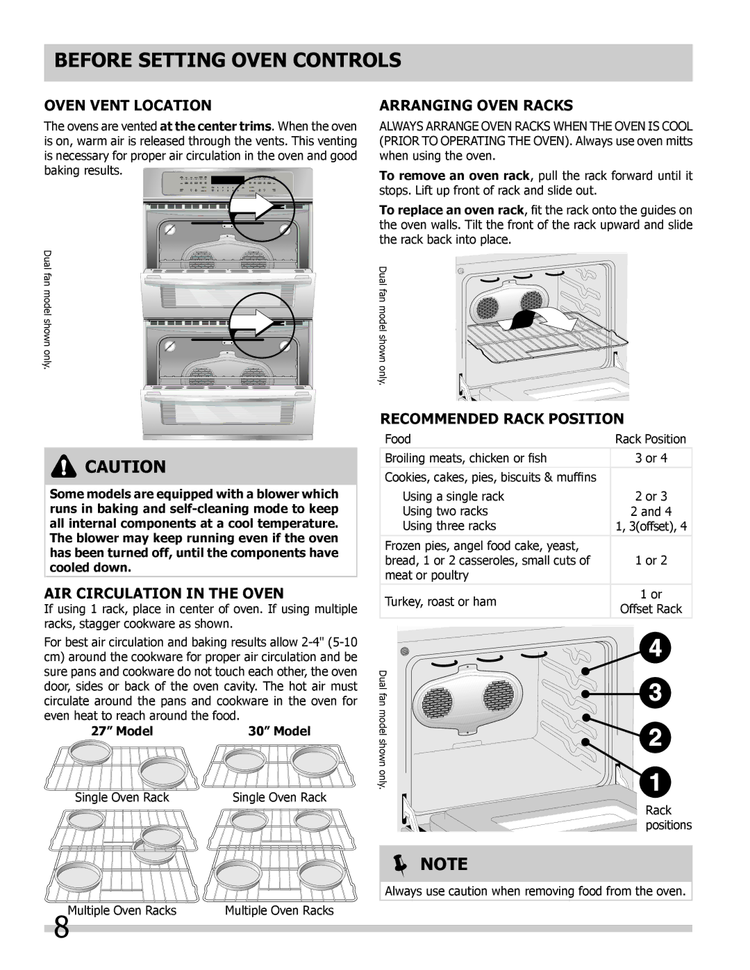 Frigidaire FGET2765KF Before Setting Oven Controls, Oven Vent Location, Arranging Oven Racks, Recommended Rack Position 