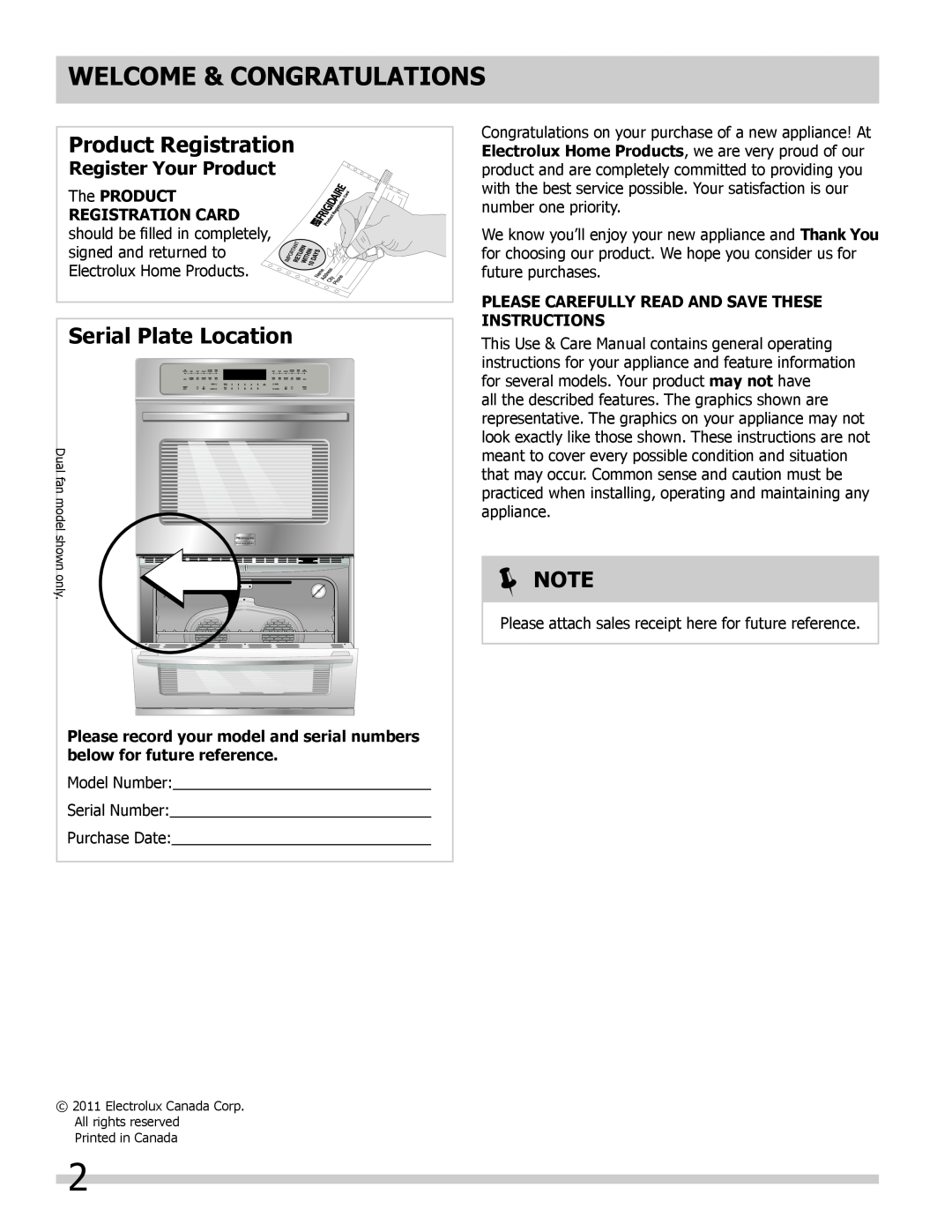 Frigidaire FFET3025LW manual Welcome & Congratulations, Product Registration, Serial Plate Location,  Note, The PRODUCT 